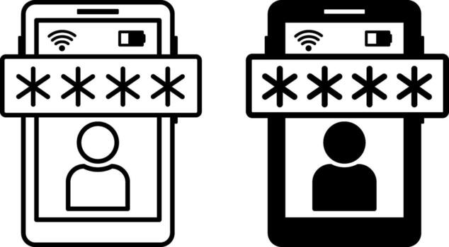 teléfono iconos negro y blanco ilustración. móvil teléfono, usuario, iniciar sesión código, Wifi, y bajo batería. contraseña y datos seguridad concepto vector