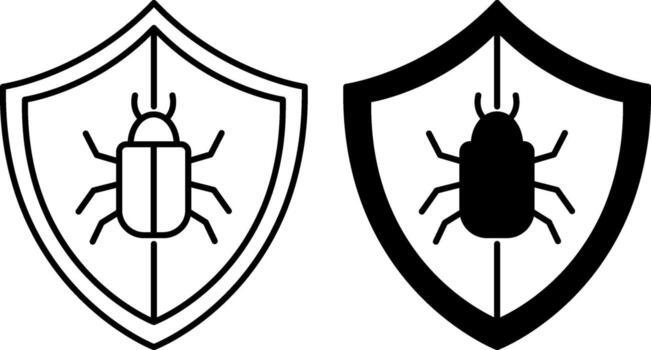 Antivirus Icons. Black and White Illustrations. Shield and Bug. Malware Detecting and Neutralizing Program. Data Security and Protection Concept vector