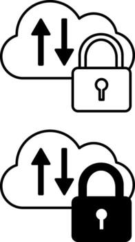 Cloud Icons. Black and White Illustration. Padlock, Cloud, and Up and Down Arrows. Storage for Saving Files on the Internet. Concept of Password and Data Security vector