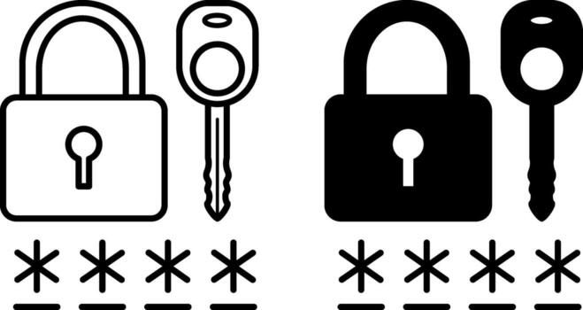 contraseña iconos negro y blanco ilustraciones. candado, llave, y oculto código. secreto combinación de números, letras, y símbolos a acceso datos. datos seguridad y proteccion vector