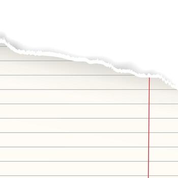 Realistic lined notebook paper with a torn upper edge, featuring horizontal lines and a red margin on a white background, ideal for templates, scrapbooking, note mockups, educational designs. vector