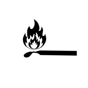 Black and white of a burning matchstick with flame, simple fire icon for minimal design, warning signs, survival, and emergency concept graphics vector