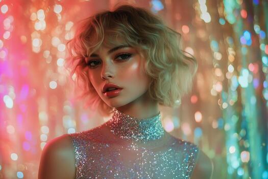Stunning Model With Glamorous Hairstyle Poses Against Vibrant, Shimmering Background at a Party Event photo