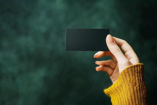 Hand Holding a Blank Black Business Card Over a Green Background in a Well-Lit Setting. photo
