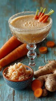 Fresh Carrot and Ginger Smoothie Served With Grated Carrot on Rustic Table photo
