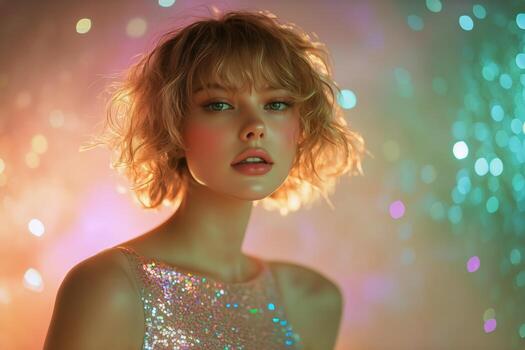 Model Poses in Shimmering Outfit With Colorful Lights During a Portrait Session at Night photo