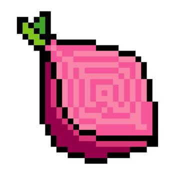 Half full red onion slice with pixel art isolated on white background vector