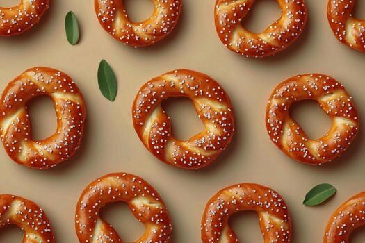 Soft Pretzels Arranged on a Light Brown Surface With Green Leaves for an Appetizing Display photo
