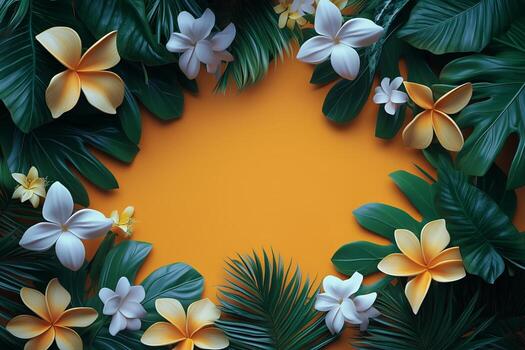 Bright Tropical Leaves and Flowers Arranged in a Decorative Frame on a Yellow Background photo