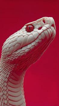 Intricate Details of a White Snake With Red Eyes Against a Vibrant Red Background photo