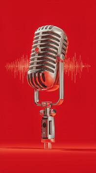 Classic Microphone With Sound Wave Design on Vibrant Red Background During a Creative Photo Session.
