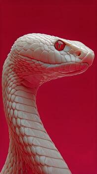 Elegant White Snake With Striking Red Eyes Posed Against Vibrant Red Background photo