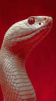 Intricate Details of a White Snake With Red Eyes Against a Vibrant Red Background. photo