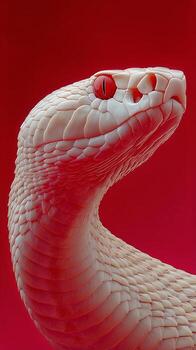 Elegant White Snake With Striking Red Eyes Posed Against Vibrant Red Background. photo