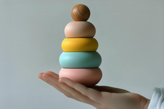 Colorful Wooden Stacking Toy Held in Hand for Imaginative Play and Development photo