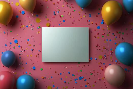 Festive Celebration Setup With Colorful Balloons and Confetti on Pink Background. photo