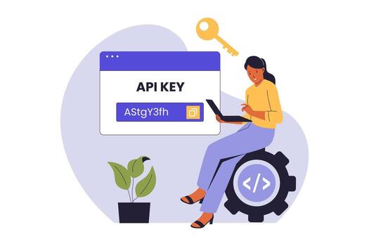 Person working with API key on laptop vector