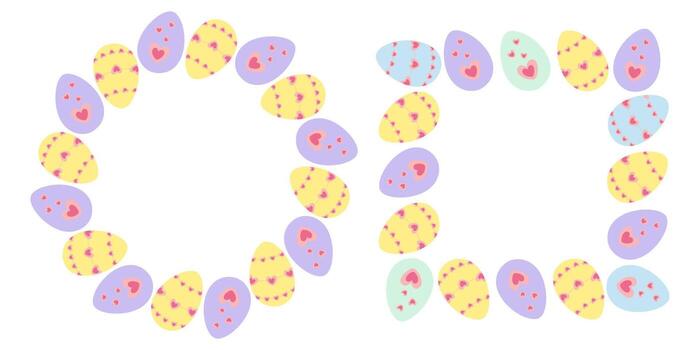 Easter Eggs with hearts Circular and Square Frame border Copy space. Easter Greetings Template Set. Isolated illustration Easter Holiday Greeting Themed Card Party Invite Banner, leaflet, label vector