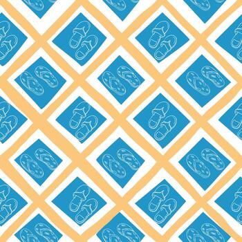 Seamless pattern with hand drawn sandals and flip flops on blue squares and diagonal orange grid. Concept of summer, beachwear, and tropical casual style in graphic design vector