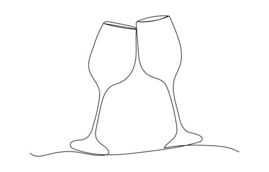 Minimalist continuous one line art showing two wine glass with red wine for toast party and celebration drink vector