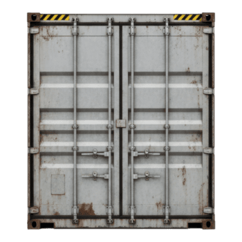 Front view of a weathered grey shipping container isolated on transparent background png