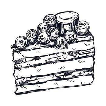 A cake with berries, blueberries and marshmallows, hand-drawn with ink and translated into . illustration for printing on packaging of sweets, of confectioneries, bakeries, menu design vector