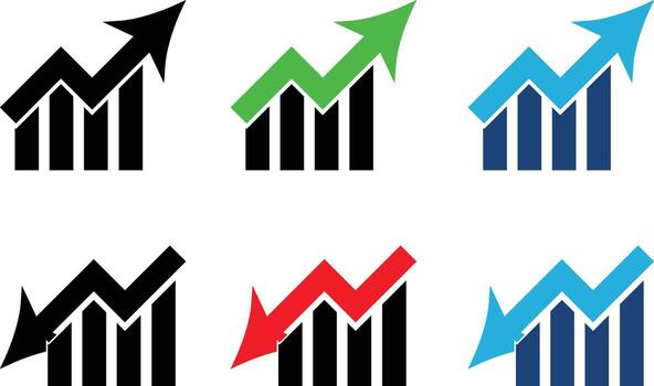 increase and decrease icon set. Money increase icon with arrow up symbol. Dollar graph up green graph chart sign vector