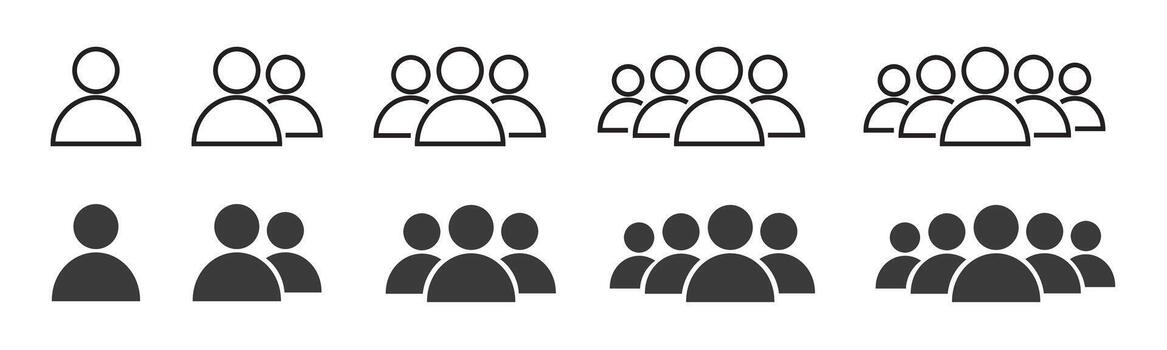 Set of user, people, and organization icons in outline and solid black style. Representing team, leader, members, group, and community. Symbol for web, apps, or business use. vector