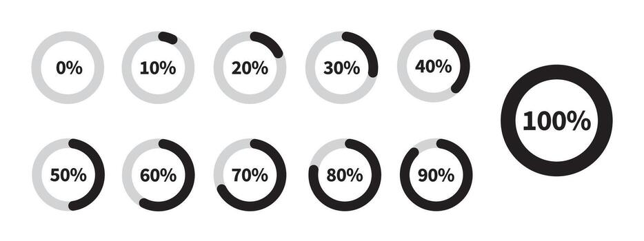Set of loading indicators and progress bars. Circular meters from 0 to 100 ready to use for web design, user interface UI, or infographics. Includes 0, 10, 20, 30, 40, 50, 60, 70, 80, 90, 100. vector