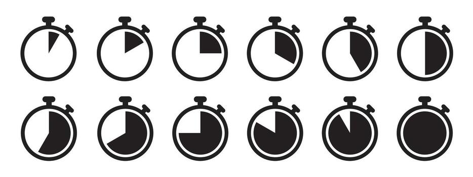 Stopwatch icon set in black color on white background. Collection of countdown timer and clock symbols. illustration of stopwatch icons for time tracking and scheduling use. vector