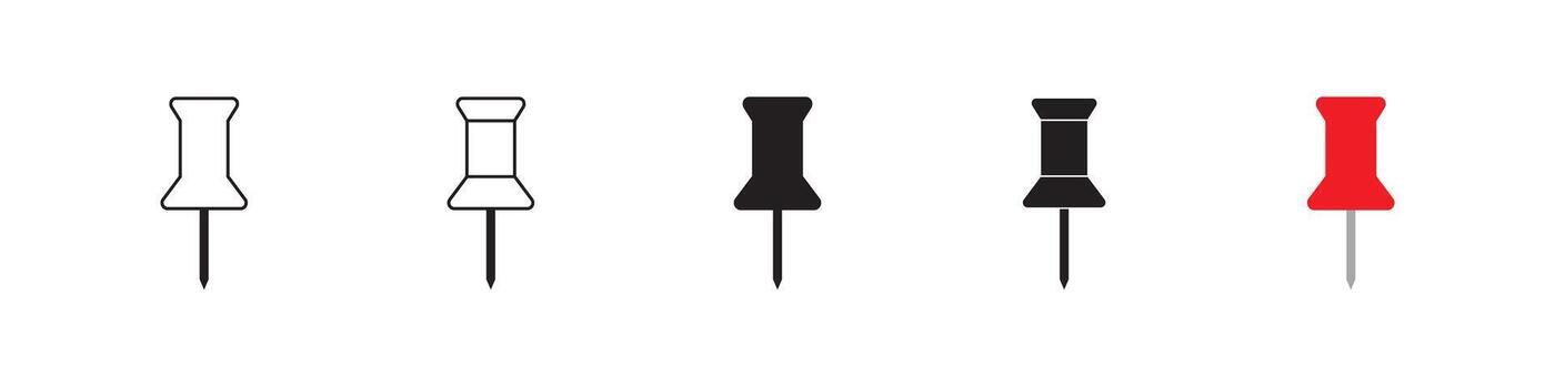 conjunto de empujar alfiler íconos en negro y rojo color con sólido, describir, y plano estilos. incluye social medios de comunicación alfiler, instagram alfiler, aguja, adjuntar, chinche, Nota símbolo, y clip de papel, vector