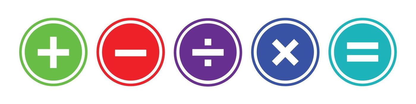 illustration of a set of mathematical symbols. Circular icons for basic number operations like addition, subtraction, multiplication, and division. Simple calculation elements. vector