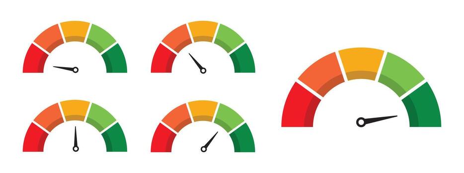 Set of score meters with speedometer style gauge indicators. Energy efficiency and consumer satisfaction measurement UI. Dial with arrows, scale, and indication lines. Effectiveness graph set. vector