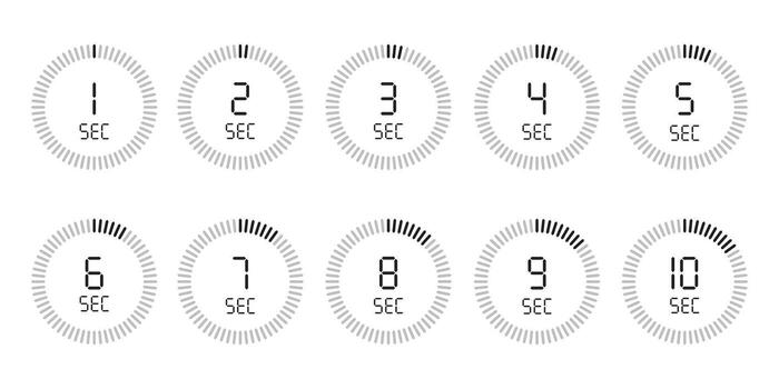 Timer 1, 2, 3, 4, 5, 6, 7, 8, 9, 10 sec. Stopwatch isolated set icons. Countdown timer symbol icon set. illustration. vector