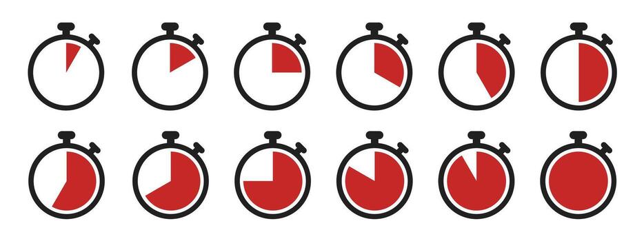 Stopwatch icon set in red color on white background. Collection of countdown timer and clock symbols. illustration of stopwatch icons for time tracking and urgency display. vector