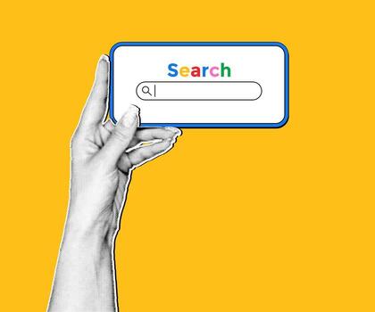 Retro collage on the theme of internet search. Hand with halftone effects holds a phone, search on the screen. vector