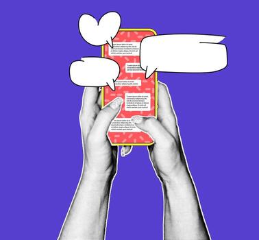 Hands with a halftone effect are holding a smartphone, engaging in a chat. Colorful speech bubbles emerge, illustrating a lively conversation taking place. vector