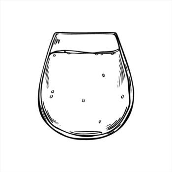 Full glass with refreshing carbonated drink monochrome isolated illustration in linear outline style. Mineral water with bubbles etching drawing. Sparkling tonic for menu, hydration design vector