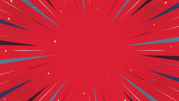 Dynamic red comic background with halftone dots, speed rays and pop art elements. Perfect for posters, banners, covers, and creative graphic design projects. vector