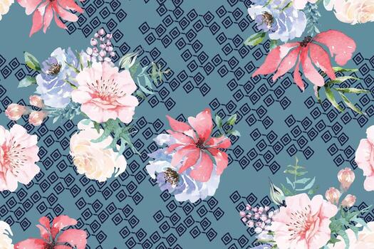 Colorful floral pattern on teal background vector