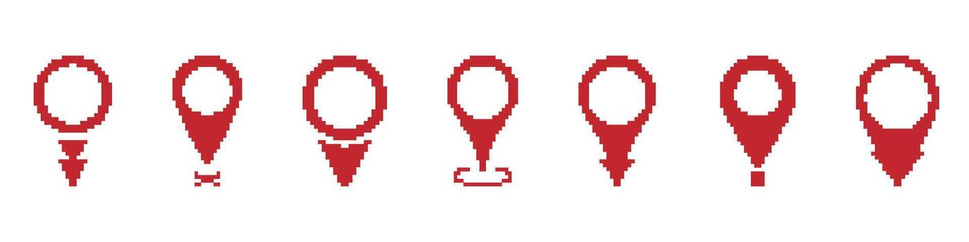 Red Pixel Art Map Pin Icon Set. Location Marker And Navigation Symbol Collection. Geolocation And Mapping Tools. Isolated Illustration vector