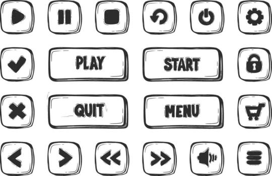 Hand Drawn Scribble Game UI Icon Set. Doodle Style Gaming Interface Elements with Isolated Background for Casual and Mobile Game Design. vector