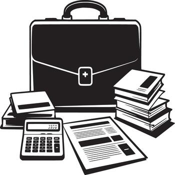 A briefcase, calculator and books are sitting on a table vector