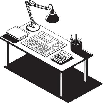 An illustration of a desk with a lamp and papers vector