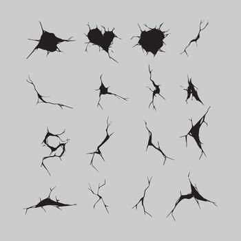 A collection of diverse black crack and fracture graphic elements on a light gray background, showcasing various shapes and sizes of damage. vector
