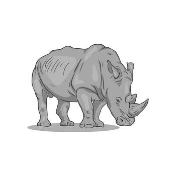 An artistic rendering of a majestic grey rhinoceros with its head lowered, depicted in a side profile view. vector