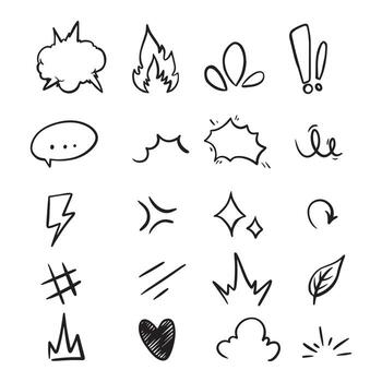 A collection of hand-drawn doodle icons and symbols, including speech bubbles, fire, lightning, sparkles, and abstract elements, conveying various emotions and actions. vector