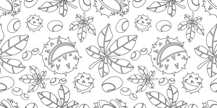 Seamless pattern with chestnuts and leaves, hand drawn in black line. Botanical outline design in flat illustration style, perfect for fabric, wallpaper, wrapping paper and backgrounds vector