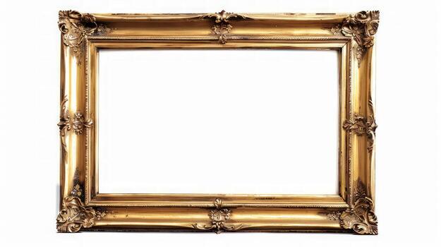 Ornate golden picture frame with empty canvas for art or photograph display on white background photo