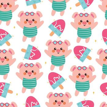 sin costura modelo linda dibujos animados cerdo con gafas de protección y paleta de hielo hielo crema. linda animal dibujo para verano antecedentes vector